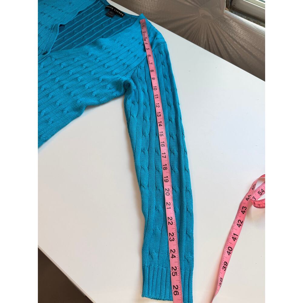 Ralph Lauren Black Label Women 100% Silk Cable knit Cardigan Sweater Size L Blue - Picture 9 of 9